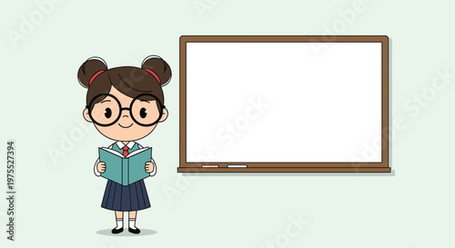 Young schoolgirl with glasses and pigtails holding a book and standing next to a large blank whiteboard in a classroom setting.