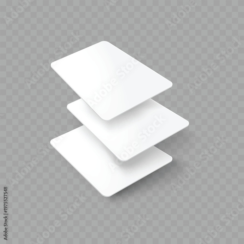 Realistic Floating Blank Card Mockup. Vector White Falling Plastic, Credit or Business Cards with Rounded Corners.