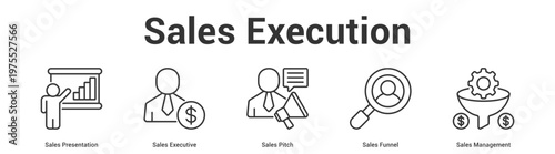 Sales Execution web banner icon set vector illustration concept for business with icon of Sales Presentation, Sales Executive, Sales Pitch, Sales Funn.