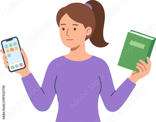 Woman compares smartphone and green book outdoors in daytime