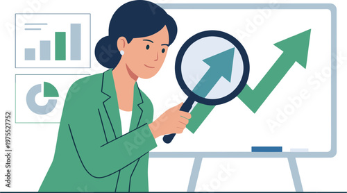 Business woman analyzing statistics on a whiteboard with a magnifying glass