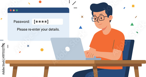 Man sitting at desk with laptop and password login on screen