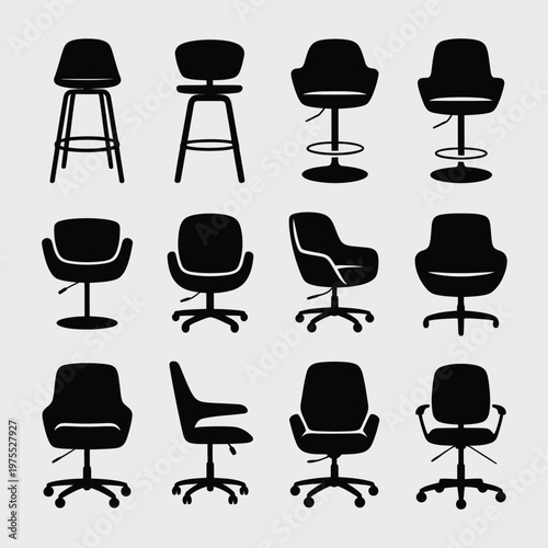 A collection of various office chairs in black silhouette