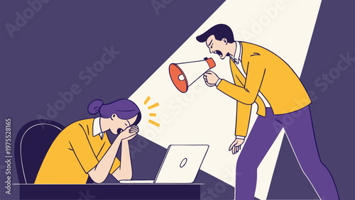 Vector illustration of boss shouting at frightened employee. Workplace bullying, harassment, stress, burnout, corporate abuse, job anxiety, and toxic management concept.