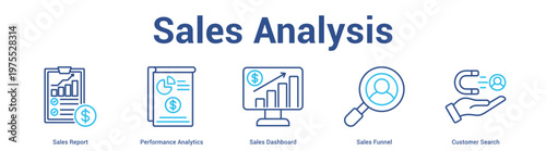 Sales Analysis web banner icon set vector illustration concept for business with icon of Sales Report, Performance Analytics, Sales Dashboard, Sales Funn.