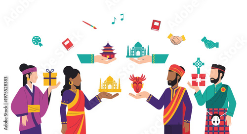 Diverse people exchanging gifts, cultural symbols, and icons. Global friendship and international relations concept. Flat vector illustration