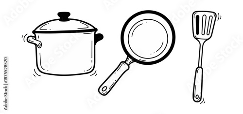 Cooking utensils illustration kitchenware set pan pot spatula isolated
