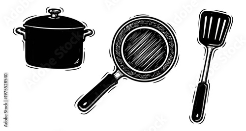 Cooking utensils illustration on black background