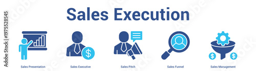 Sales Execution web banner icon set vector illustration concept for business with icon of Sales Presentation, Sales Executive, Sales Pitch, Sales Funn.