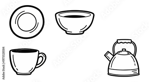 Illustrated kitchenware set plate bowl cup kettle black background