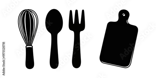 Minimalist kitchen tools silhouette design isolated on black background