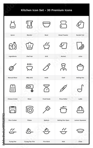 Kitchen & Utensil Icon Set. 30 Cooking Outline Icons. Apron, Bowl, Blender, Mixer, Pan, Ladle, Chef, Cooking, Roller, Squeezer, Wok, Fire, Flame, Ingredients, Seasoning, Recipe, Knife, Fruit, Bucket