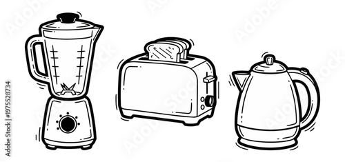 Outlined kitchen appliances set on a black background