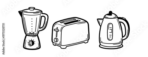 Outlined kitchen appliances illustration white and black