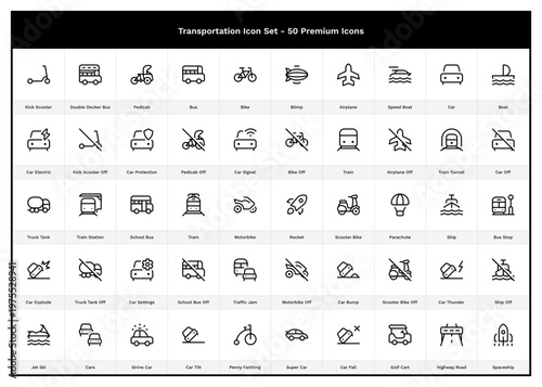 Transportation & Vehicle Icon Set. 50 Public Transport Icons. Bus, Train, Car, Highway, Bike, Plane, Tank, Becak, Pedicab, Accident, Tilt, Incident, Parachute, Scooter, Motorcycle, Station, Speedboat