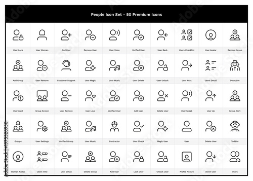 People & Human Icon Set. 50 User Outline Icons. Voice, Group, Member, Subscriber, Audience, Musical, Presentation, Vote, Choice, Options, List, Detail, Detective, Download, Customer Support