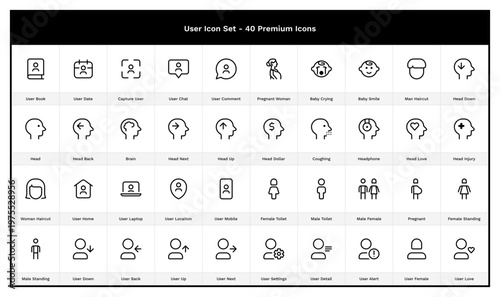 User & People Icon Set. 40 Human Outline Icons. Prenant, Female, Male, Man, Woman, Baby, Couple, Capture, Screenshot, Head, Migrain, Coughing, Dollar, Money, Finance, Headphone, Baby