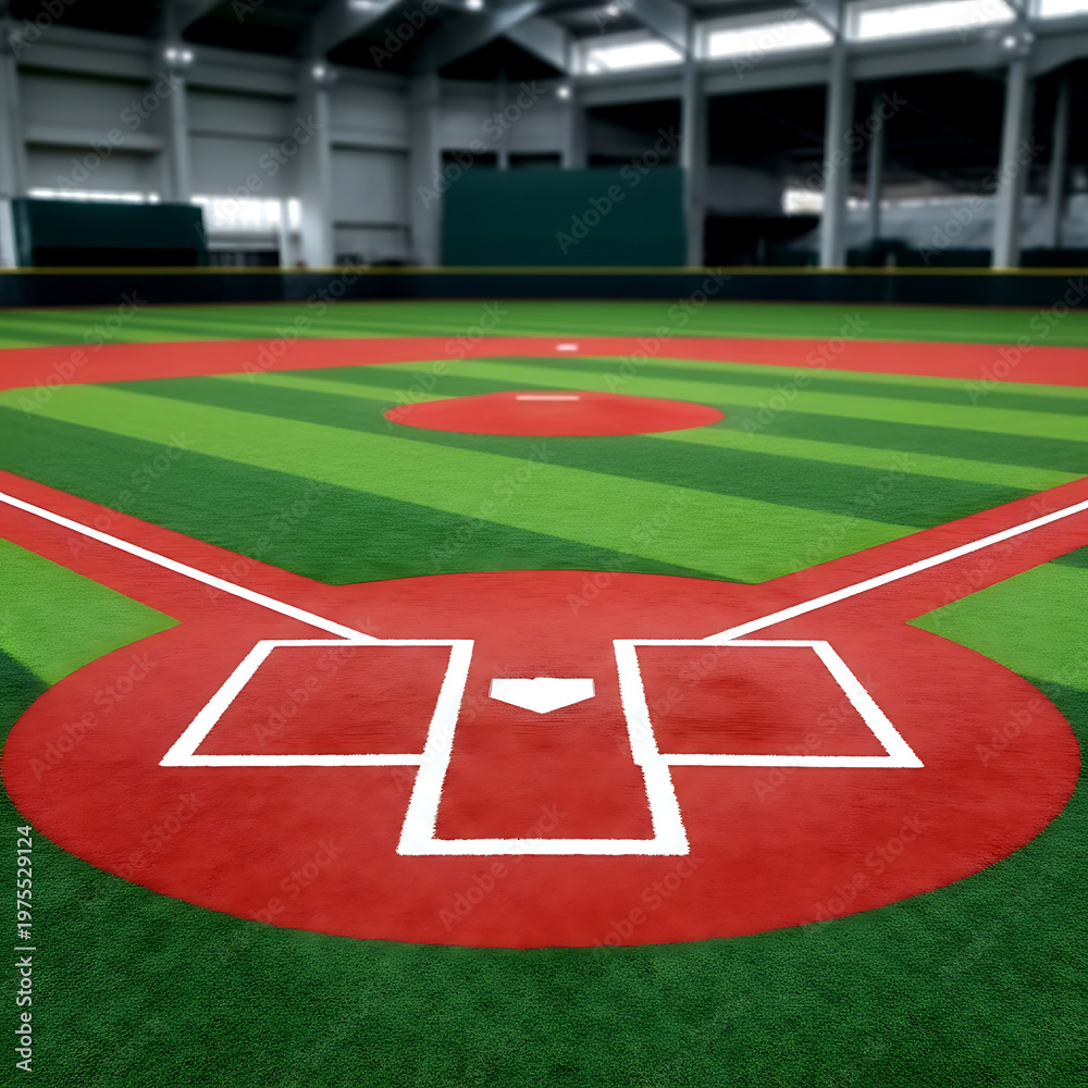 Fototapeta premium Meticulously striped indoor baseball grass lines on a professional field, viewed from home plate.