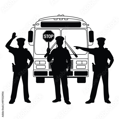 Three police officers directing traffic with a school bus