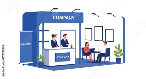 Modern company office booth with reception desk and meeting area for client interactions and presentations in a professional setting with blue and white decor