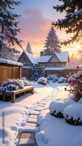 Snowy residential garden with pathway and plants