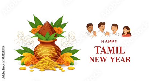 Festive Tamil New Year illustration featuring a traditional pot overflowing with gold coins and mangoes, set against a clean white background with a celebratory and colorful mood, alongside