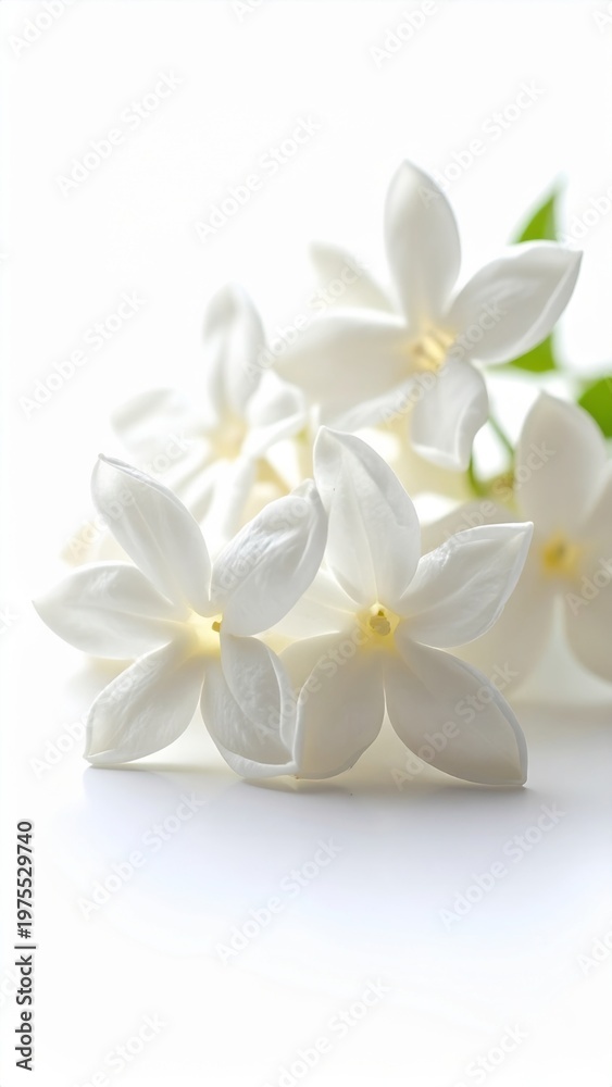Fototapeta premium Delicate White Jasmine Flowers with Green Leaves on a White Background Studio Lighting