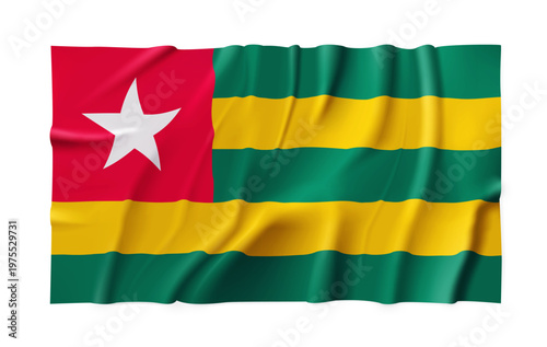 Tago country flag isolated on a transparent background. Silk atlas detailed fabric flag. Vector PNG