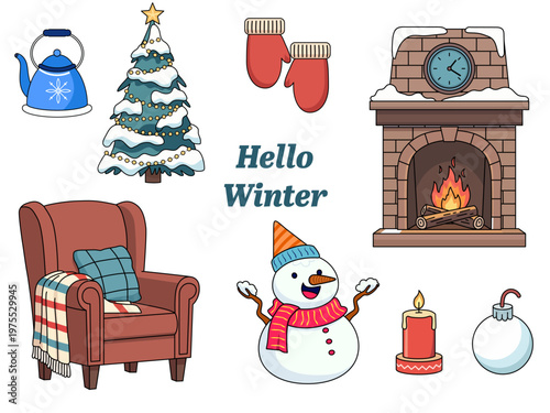 cozy winter elements snowman knitted sweater socks blanket winter text snowflakes pine tree christmas