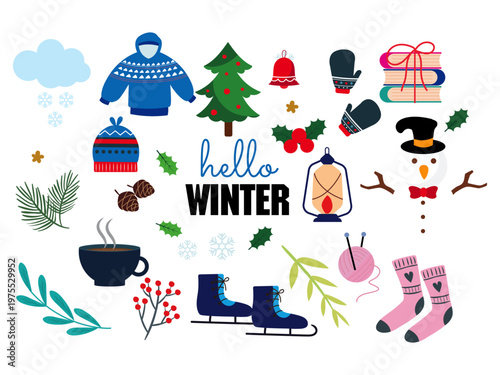 cozy winter elements snowman knitted sweater socks blanket winter text snowflakes pine tree christmas