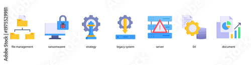 Information Security web banner icon vector illustration featuring File Management, Ransomware, Strategy, Legacy System, Server, ETL, and Document.