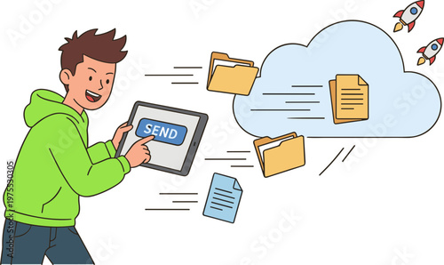 Man uploading files from tablet to cloud storage with excitement