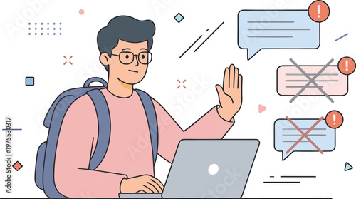 A student interacts with a laptop while expressing frustration through speech bubbles in an educational setting.