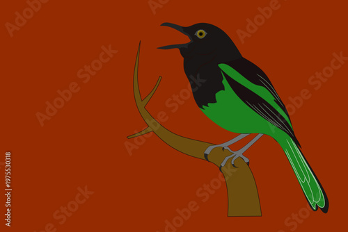 black and green patterned chirping bird vector perched on a wooden branch