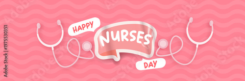 Happy Nurses Day wide banner. Pink wavy background with stethoscope icons and bold Happy Nurses Day typography. Modern seasonal Nurses Day header for healthcare workers appreciation, medical events