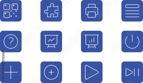 Set of 12 blue business and office interface icons with printer.