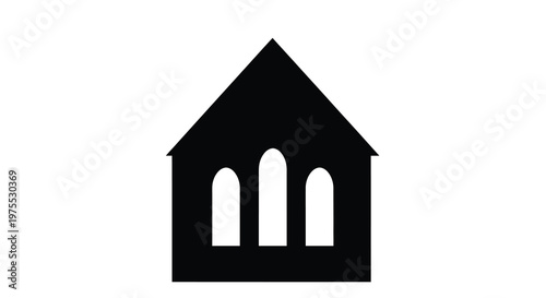 A simple black silhouette of a house with a peaked roof and three windows high quality