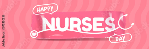 Happy Nurses Day wide banner. Pink wavy background with stethoscope icons and bold Happy Nurses Day typography. Modern seasonal Nurses Day header for healthcare workers appreciation, medical events
