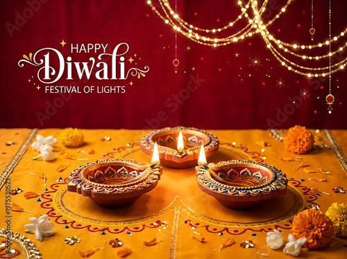 Decorative Lit Diyas on Rangoli for Happy Diwali Festival of Lights
