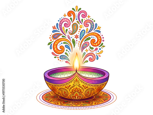 Diwali Diya Lamp Decorative Illustration with Traditional Rangoli Art