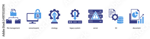 Information Security web banner icon vector illustration featuring File Management, Ransomware, Strategy, Legacy System, Server, ETL, and Document.