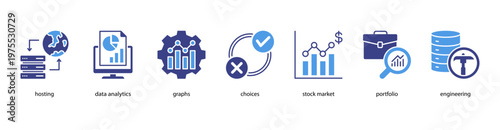 Business Intelligence web banner icon vector illustration featuring Hosting, Data Analytics, Graphs, Choices, Stock Market, Portfolio, and Engineering.