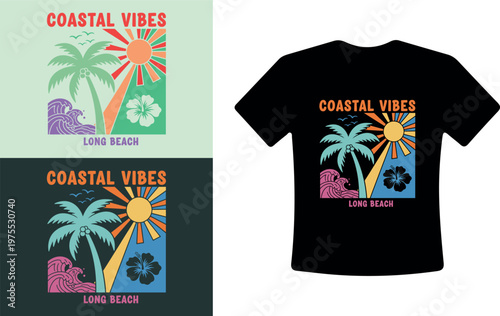 Coastal Vibes T-Shirt Design with Palm Tree and Long Beach Graphic