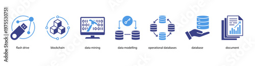 Digital Infrastructure web banner icon vector illustration featuring Flash Drive, Blockchain, Data Mining, Data Modelling, Operational Databases, Database, and Document.