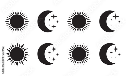 Sun and crescent moon with stars set, celestial body icons, day and night sky symbols.