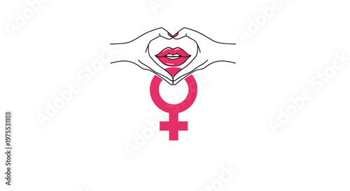Women's empowerment graphic showing hands forming a heart around lips above a pink female symbol on a white background for gender equality.