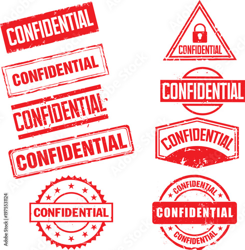 Collection of Red Distressed Confidential Security Rubber Stamp Vectors, ideal for marking sensitive documents, private files, and restricted access information in corporate, legal, or administrative 
