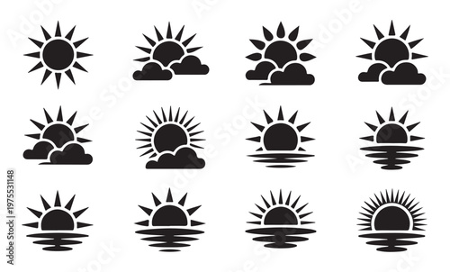 Solar icons and water reflection set featuring sun rays and clouds vector silhouette designs.