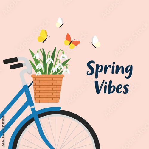 Spring vibes illustration with bicycle basket full of white snowdrop flowers and flying colorful butterflies