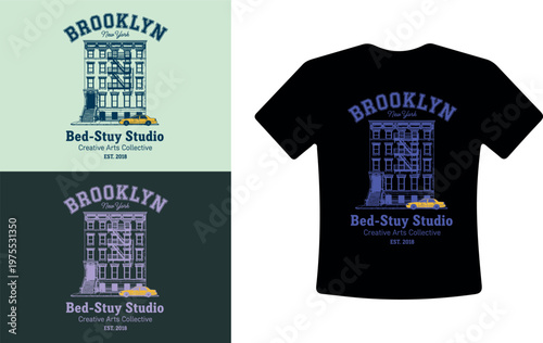 Brooklyn New York T-Shirt Design with Bed-Stuy Studio Logo and Classic Brownstone Building